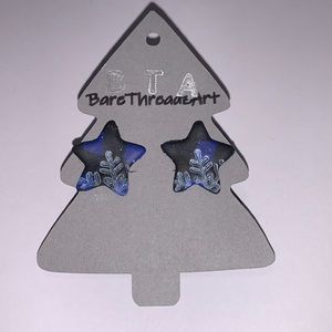 Handmade Blue Plaid Stars with Snowflake Earrings